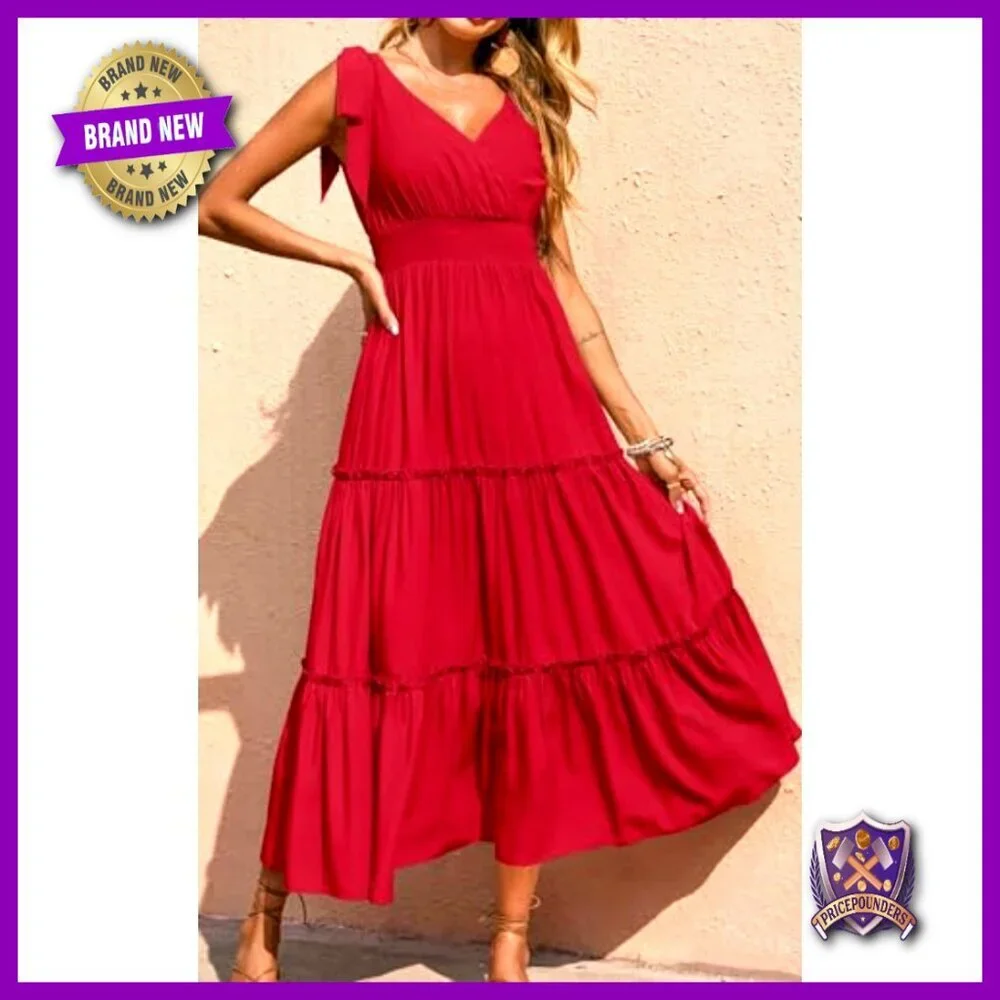 Sleeveless Smocked Waist Tiered Maxi Dress Cross Neck Boho Beach Sundress - Picture 3 of 7